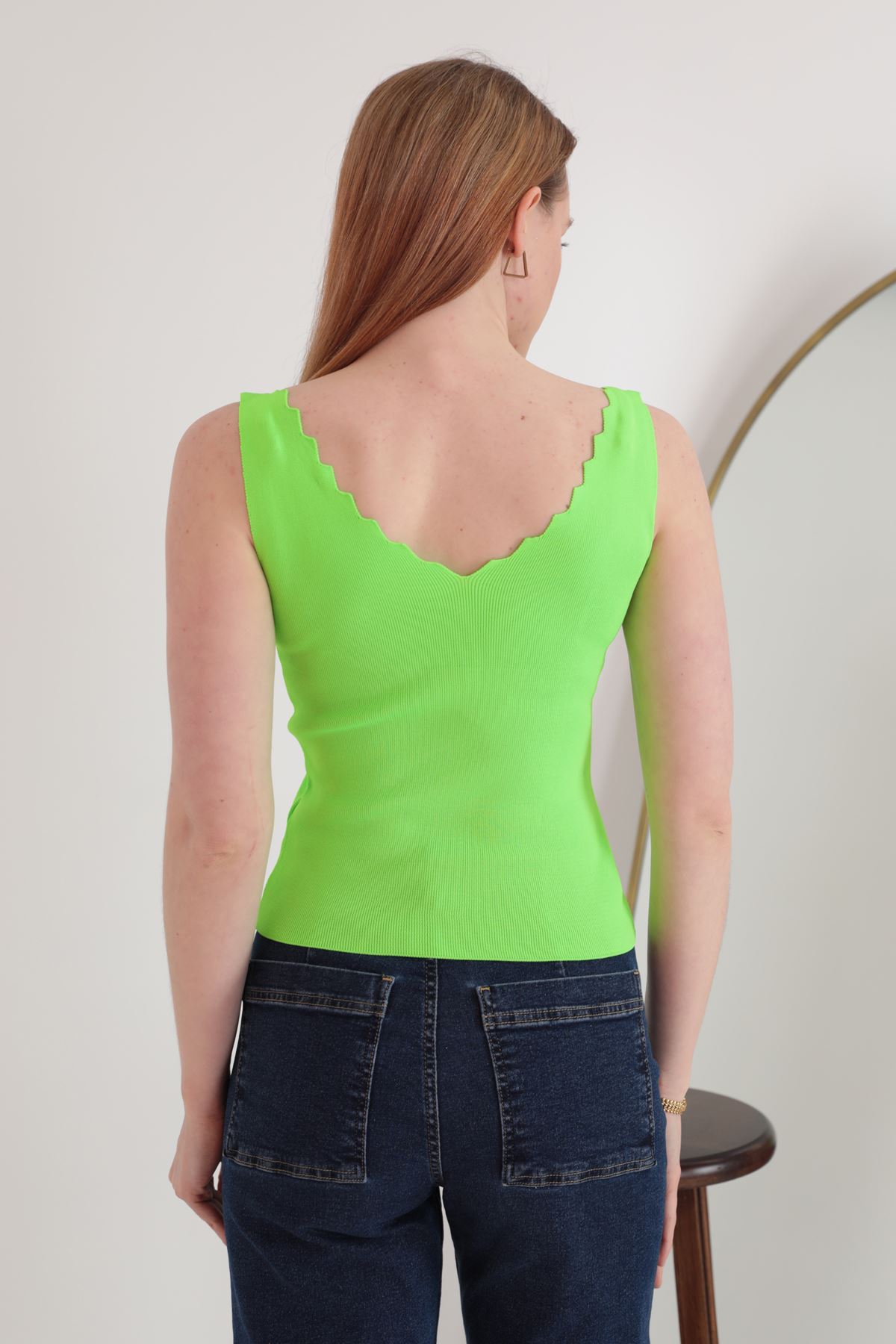 Triko Kumaş Merdiven Yaka Kadın Bluz-Neon Yeşil