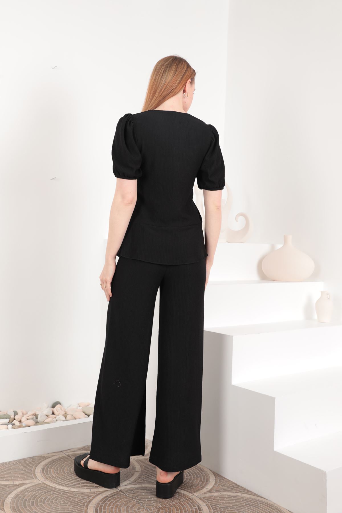 Блузка с шестью рюшами и пуговицами из плиссированной ткани, женский костюм-Чёрный