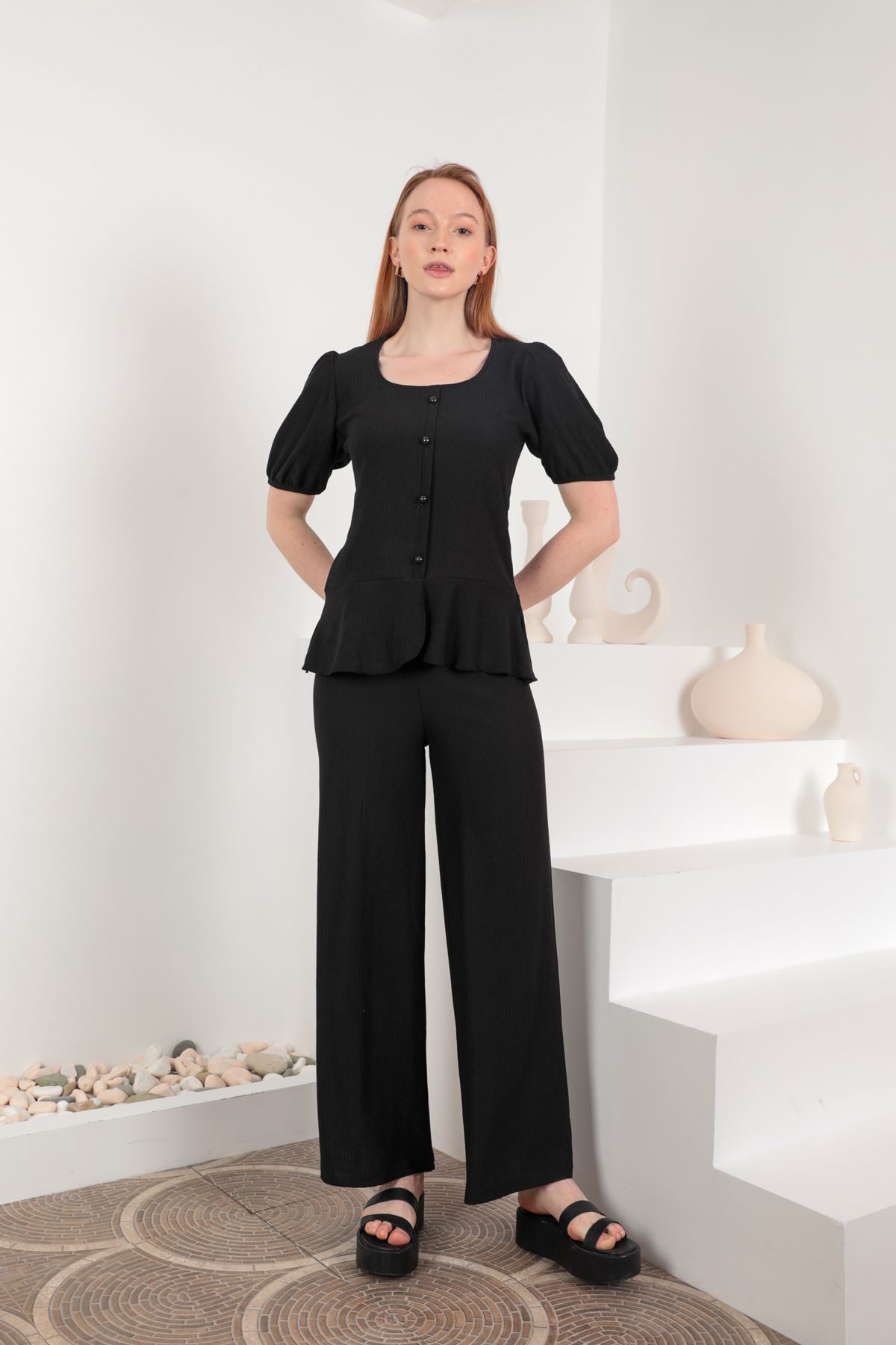Блузка с шестью рюшами и пуговицами из плиссированной ткани, женский костюм-Чёрный