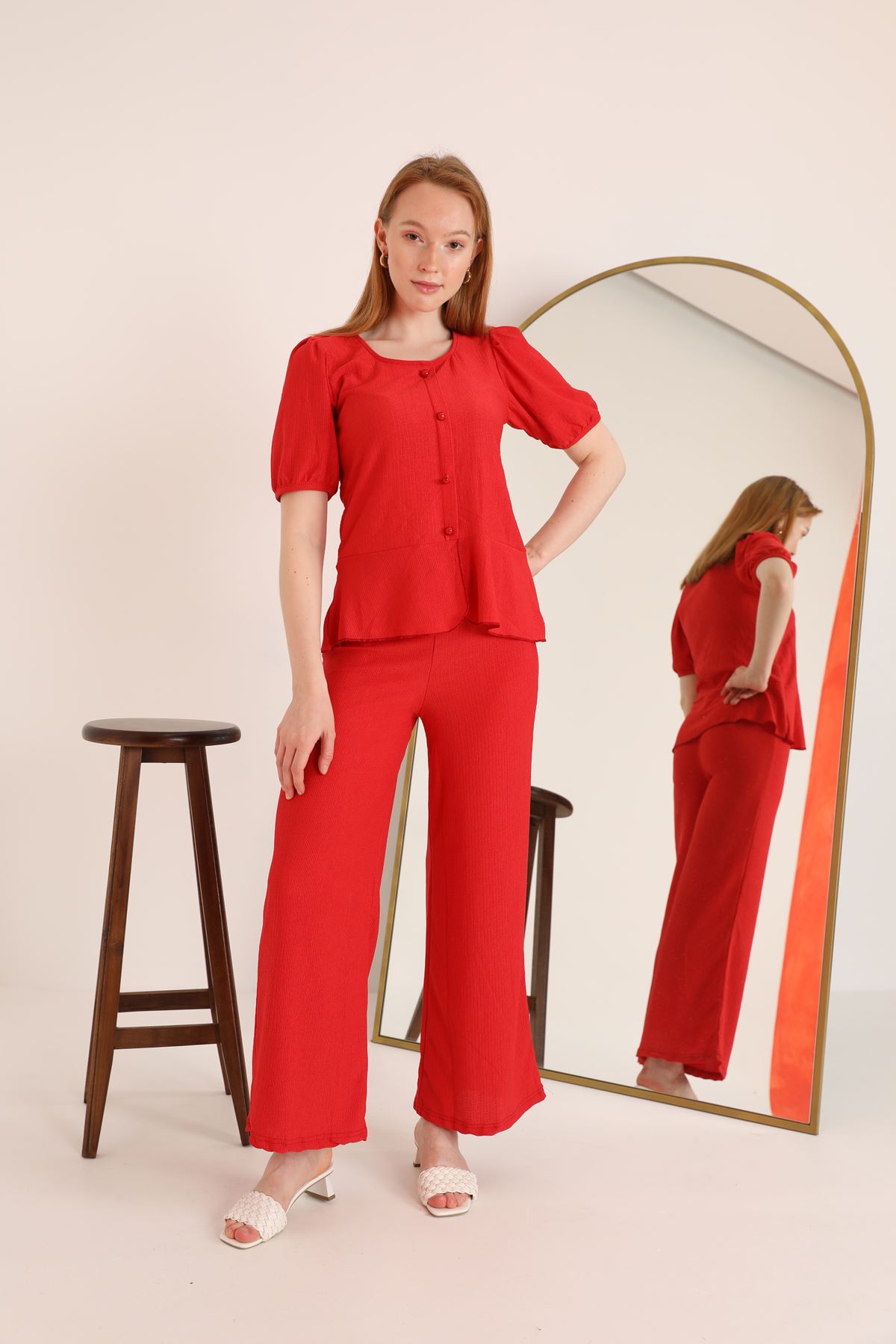 Cress Fabric Button Detail Six Ruffle Blouse Women's Suit-Red
