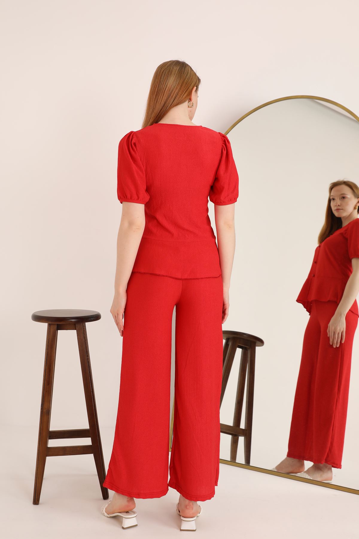 Cress Fabric Button Detail Six Ruffle Blouse Women's Suit-Red