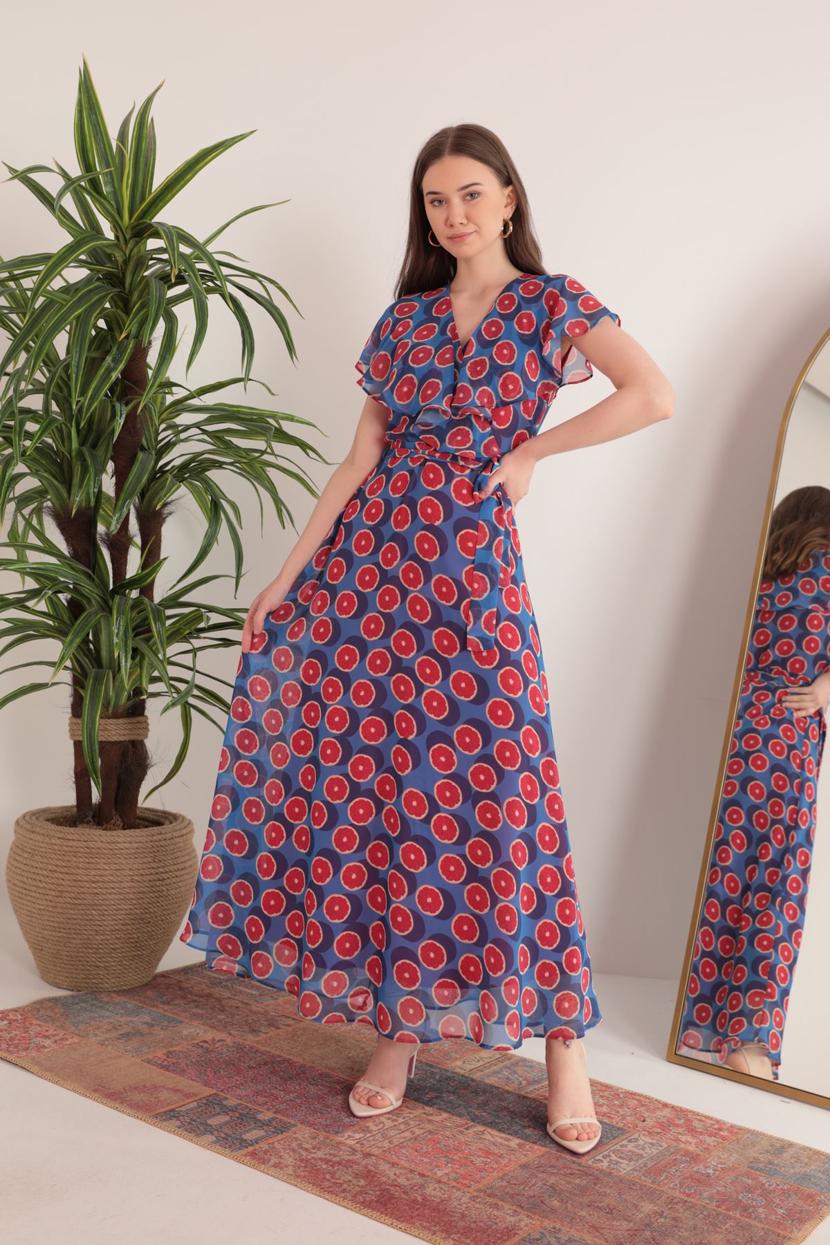 Şifon Kumaş Meyve Desen Allerli Kadın Elbise-Saks