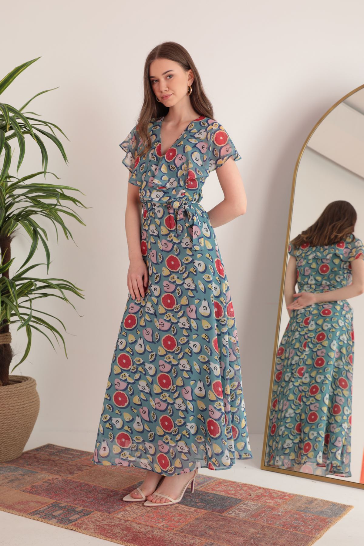 Chiffon Fabric Mixed Fruit Pattern Aller Women's Dress-Green