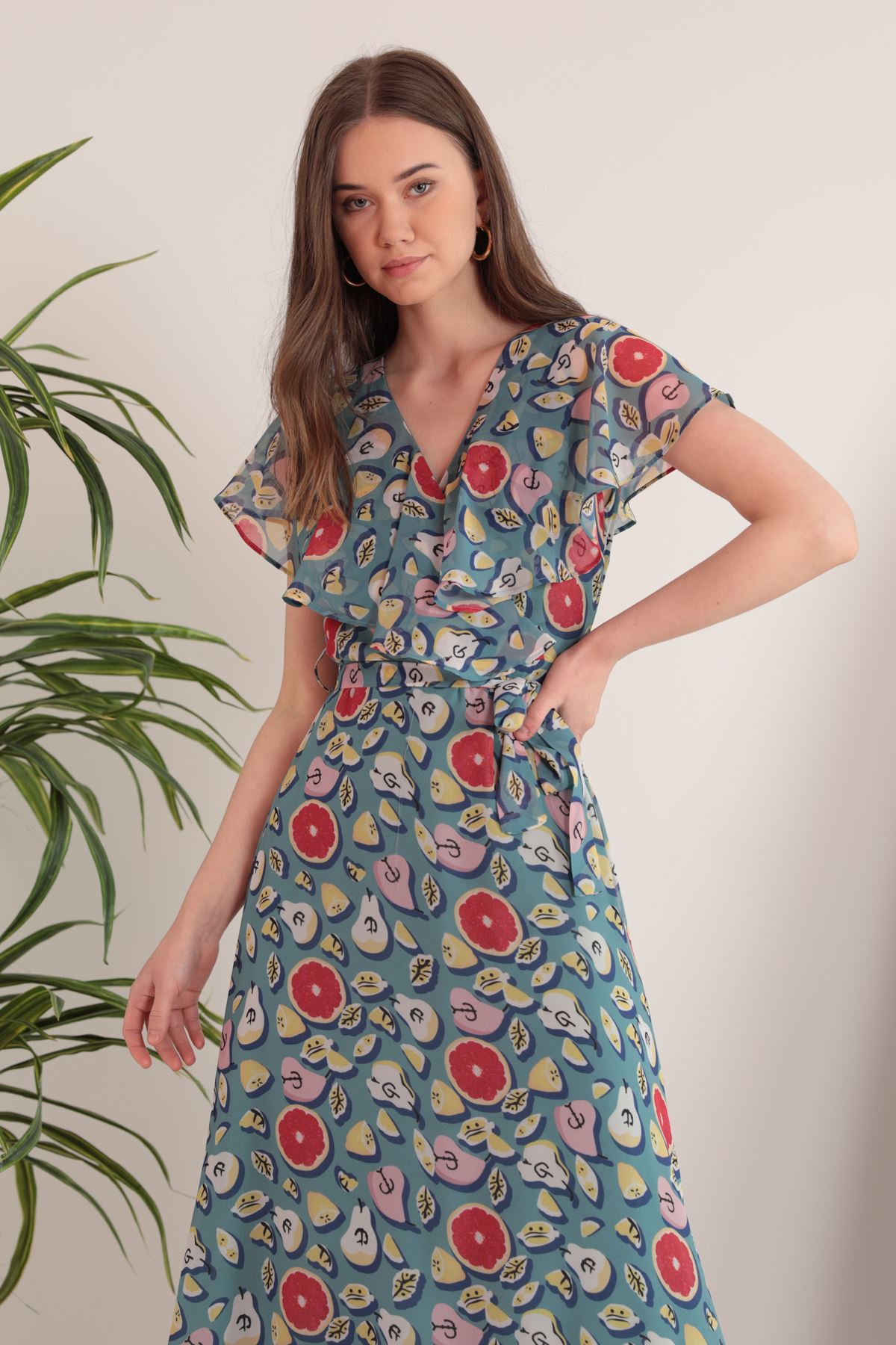 Chiffon Fabric Mixed Fruit Pattern Aller Women's Dress-Green