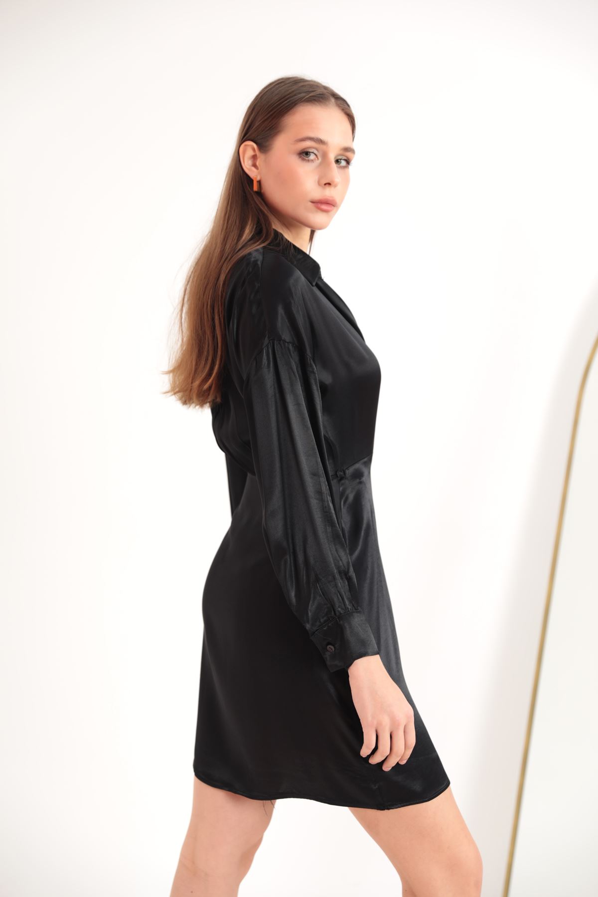Saten Kumaş Anvelop Bağlama Detay Kadın Elbise-Siyah