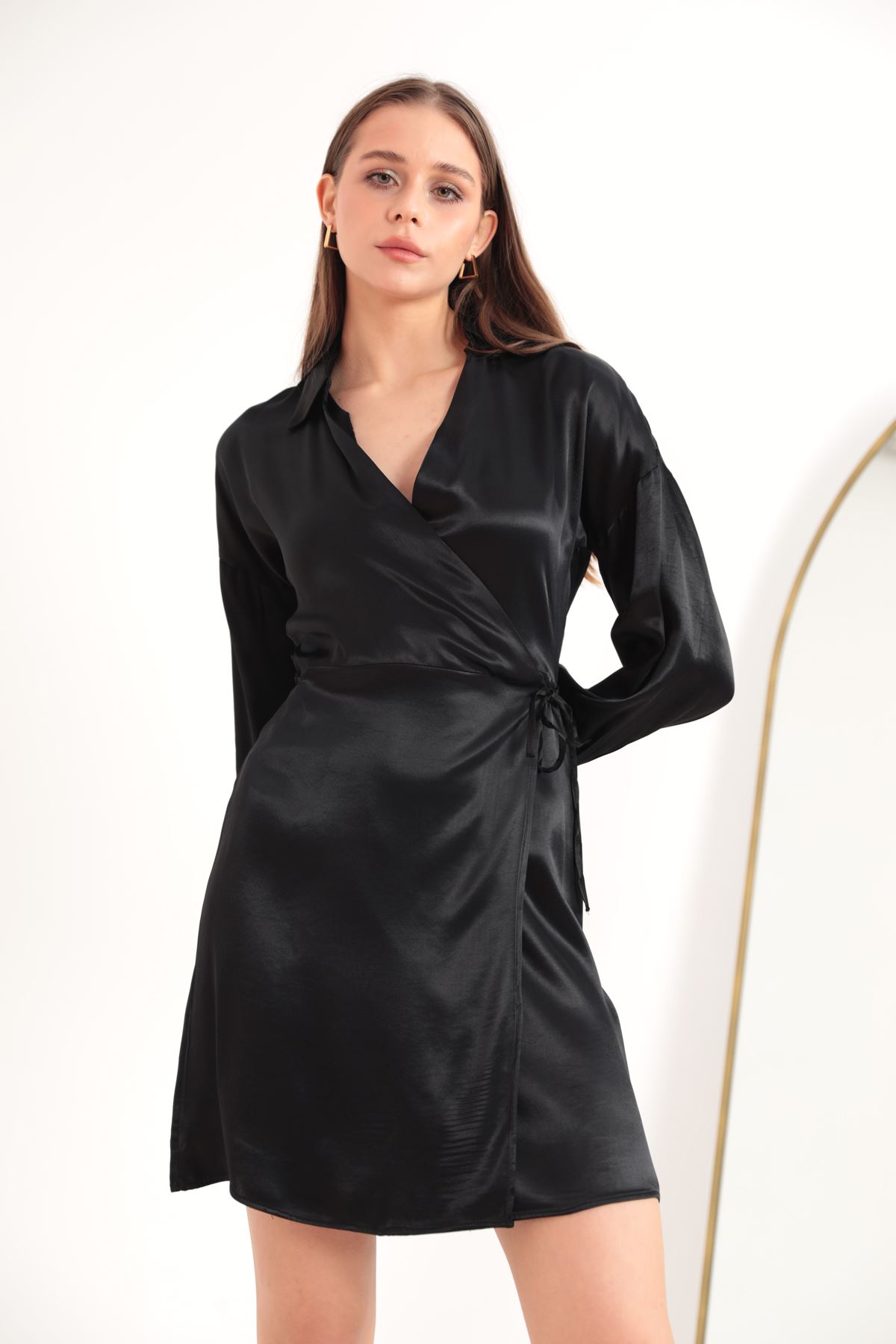 Saten Kumaş Anvelop Bağlama Detay Kadın Elbise-Siyah
