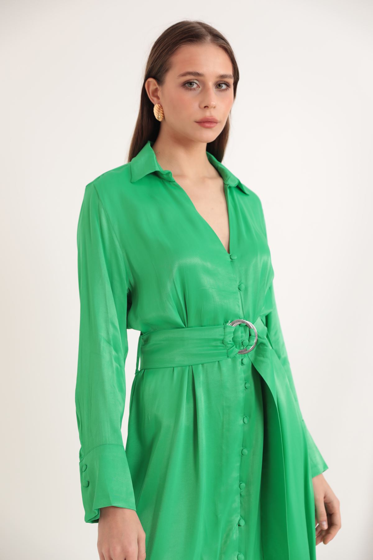 Saten Kumaş Düğme Detay Geniş Manşet Midi Kadın Elbise-Yeşil