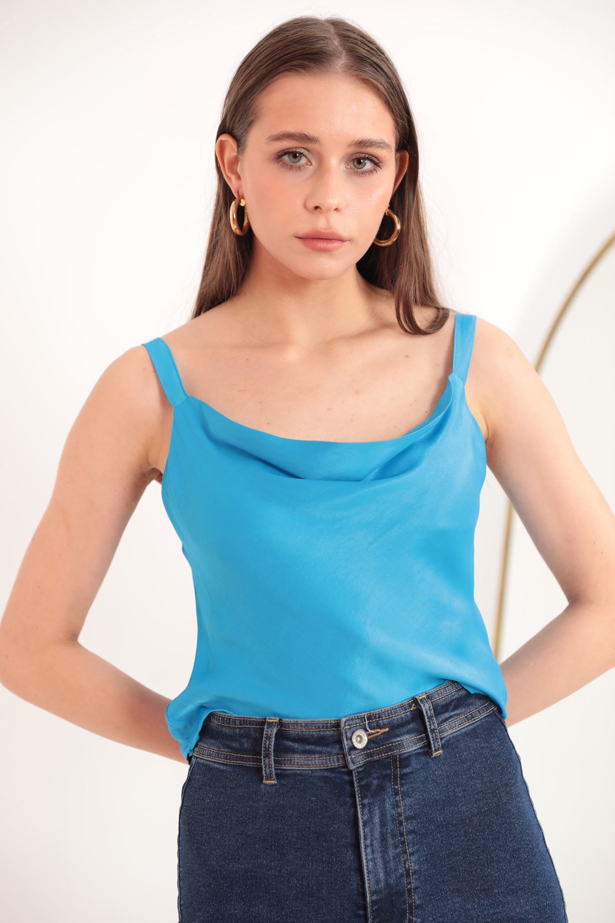Женская блузка с воротником из атласной ткани-Синий