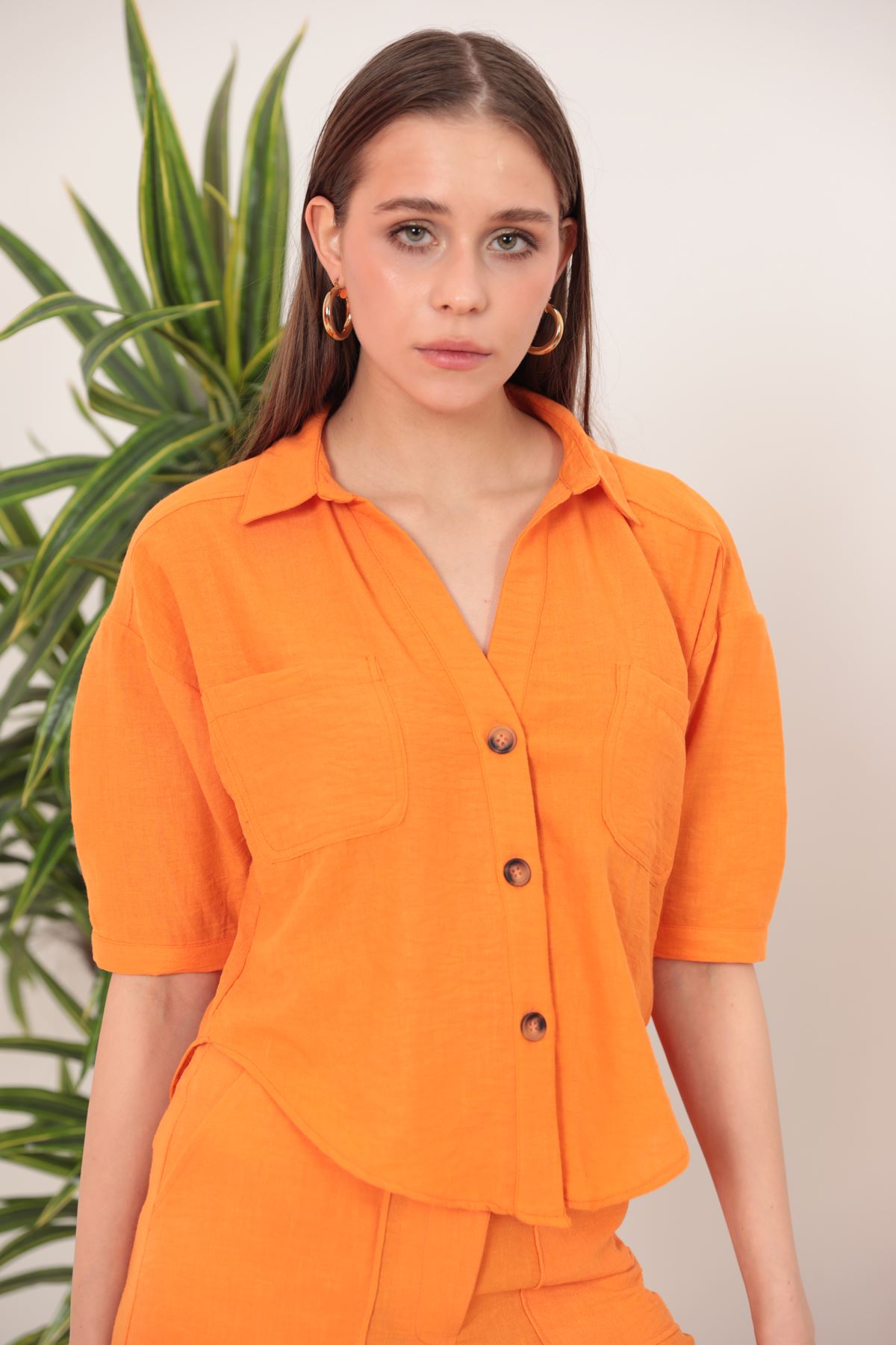 Keten Kumaş Crop Oversize Kadın Gömlek-Oranj