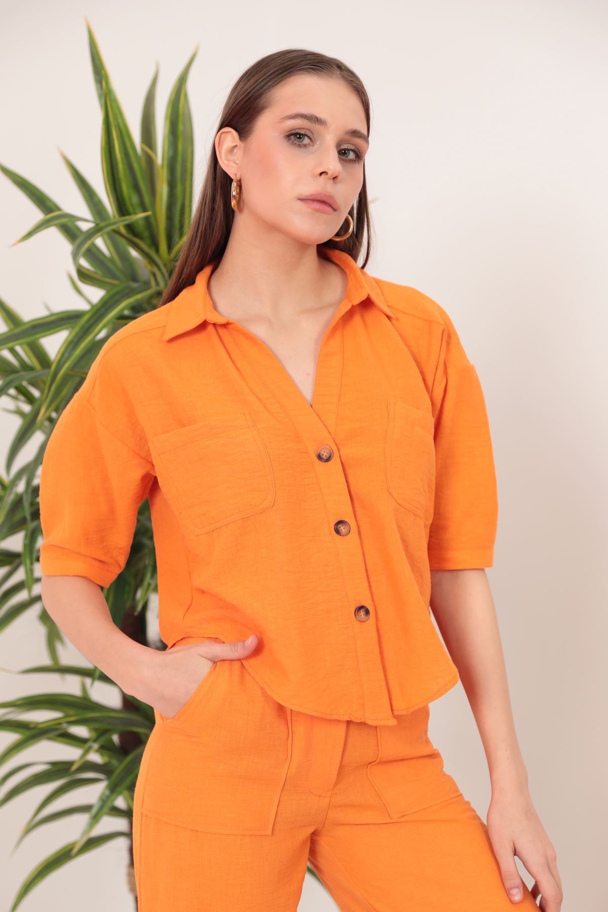 Keten Kumaş Crop Oversize Kadın Gömlek-Oranj