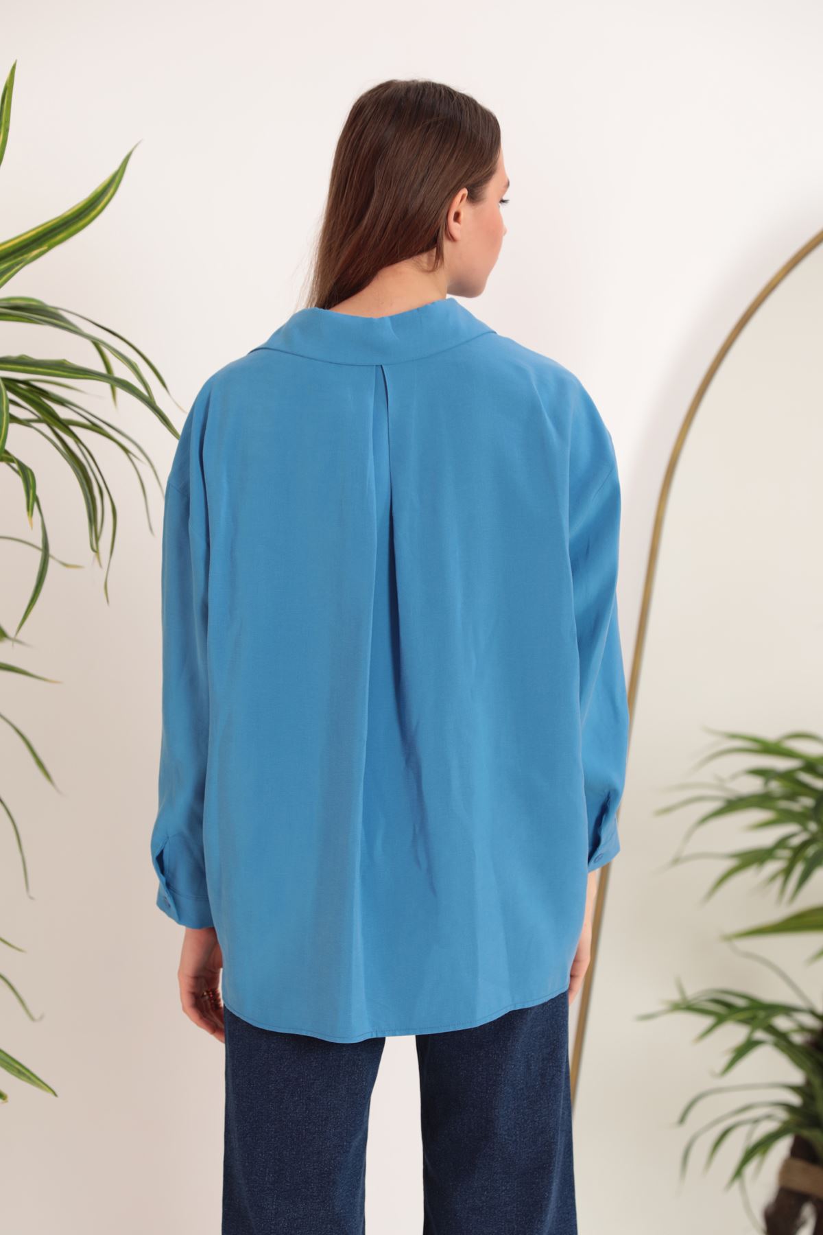 Женская рубашка оверсайз из модальной ткани-Синий