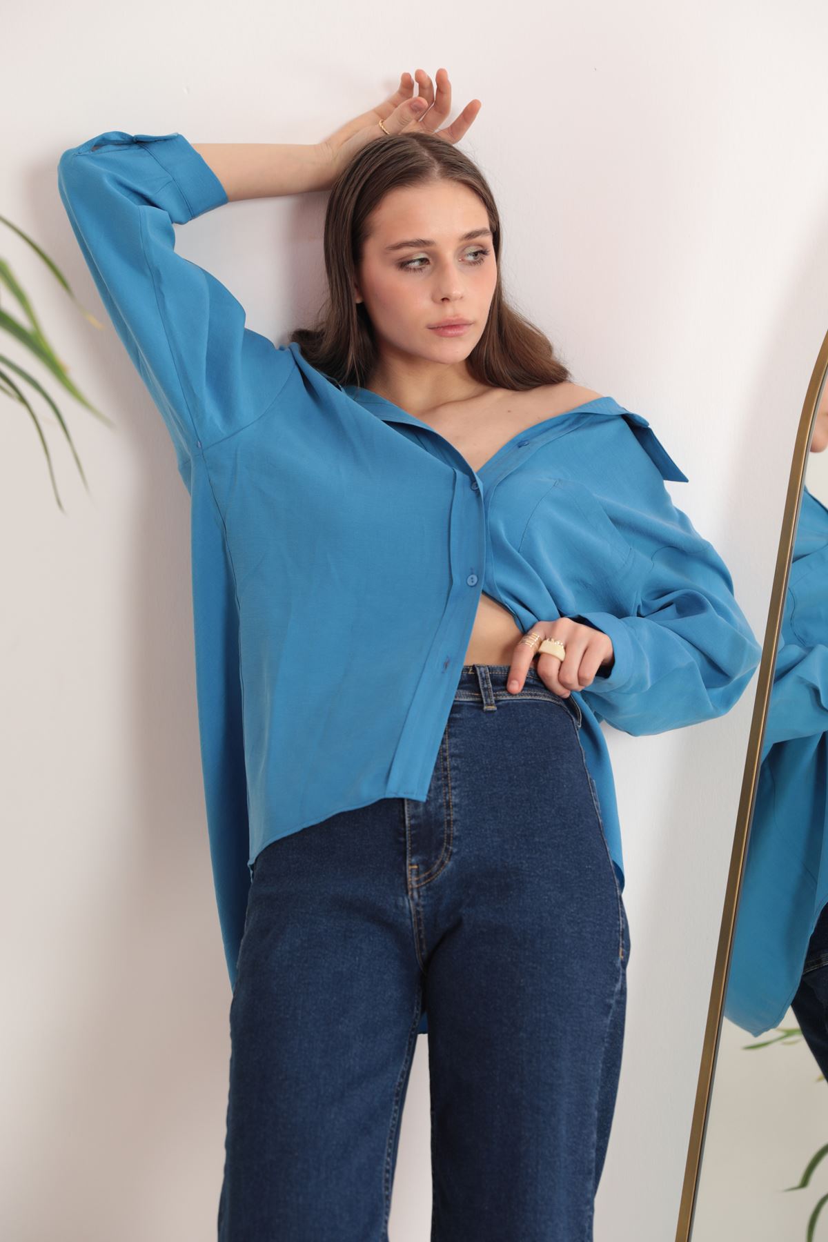 Женская рубашка оверсайз из модальной ткани-Синий
