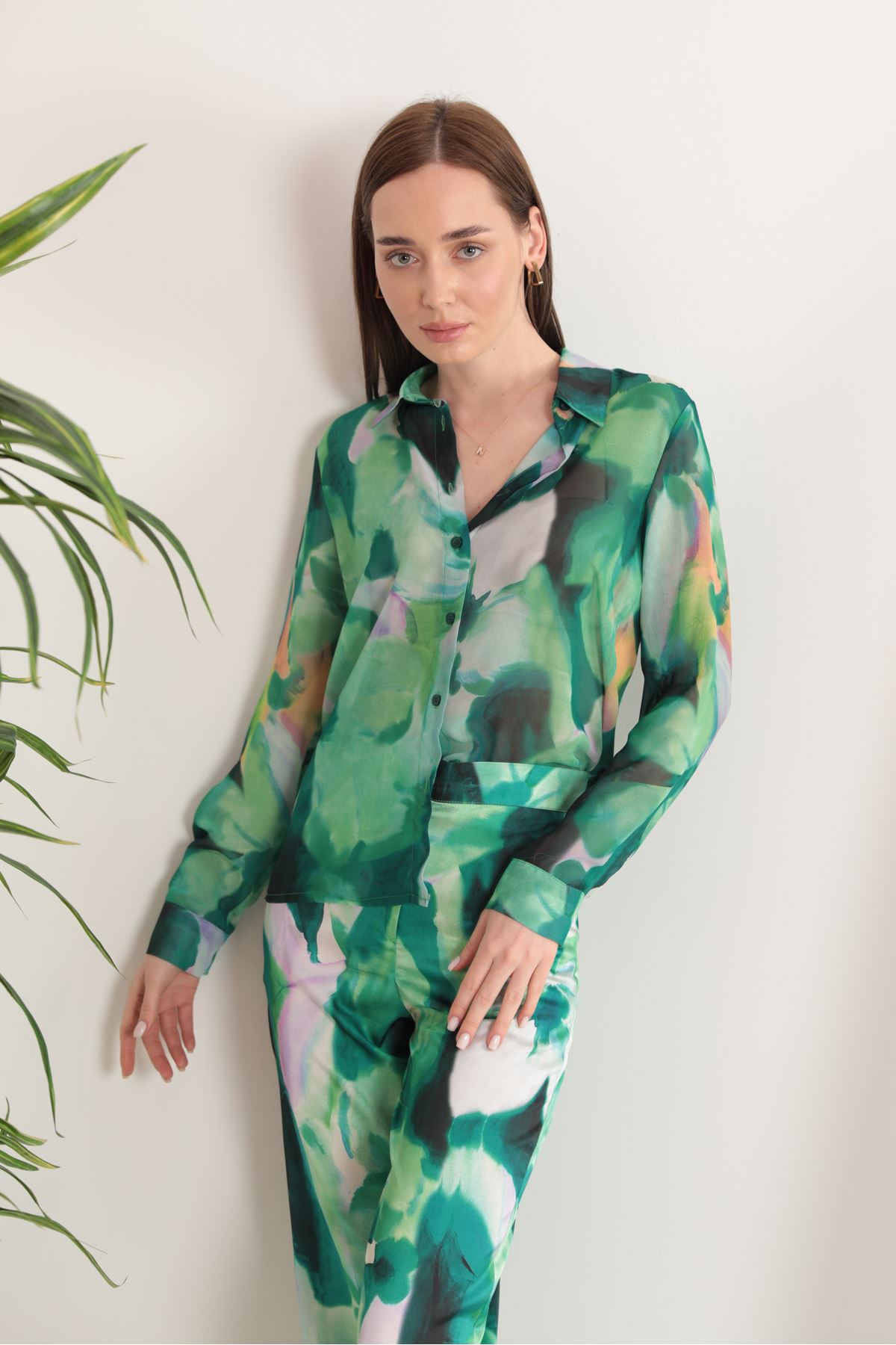 Женская рубашка из шифоновой ткани с цветочным узором-Зелёный