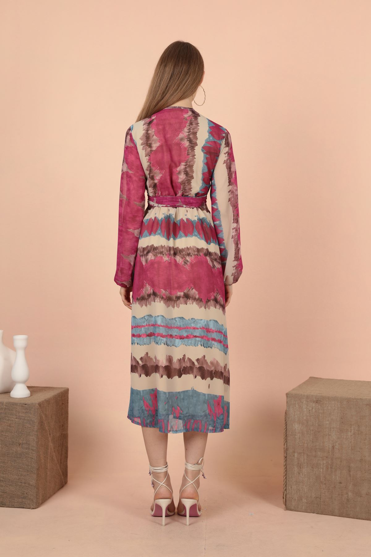 Şifon Kumaş Batik Desen Anvelop Kadın Elbise-Fuşya