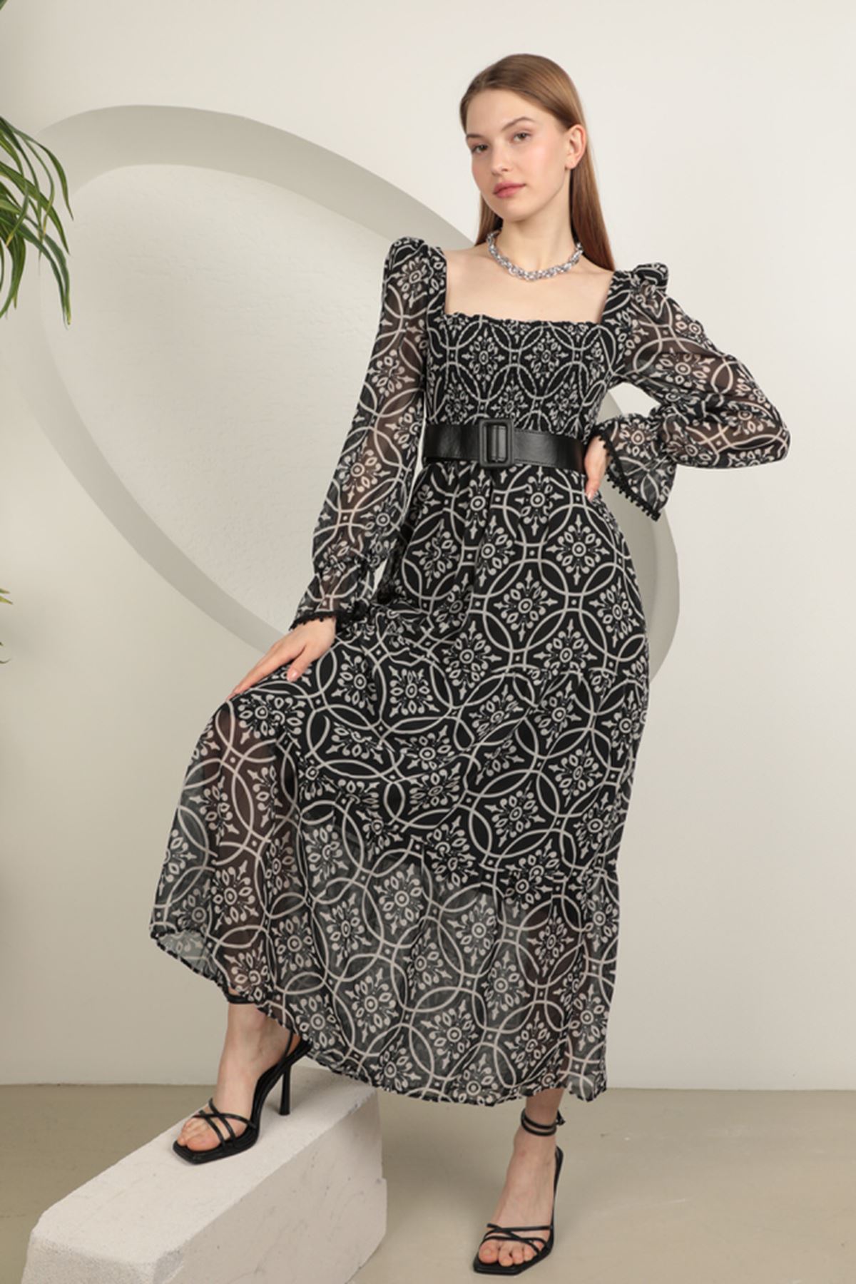 Şifon Kumaş Çiçek Desen Gipeli Kadın Elbise-Siyah