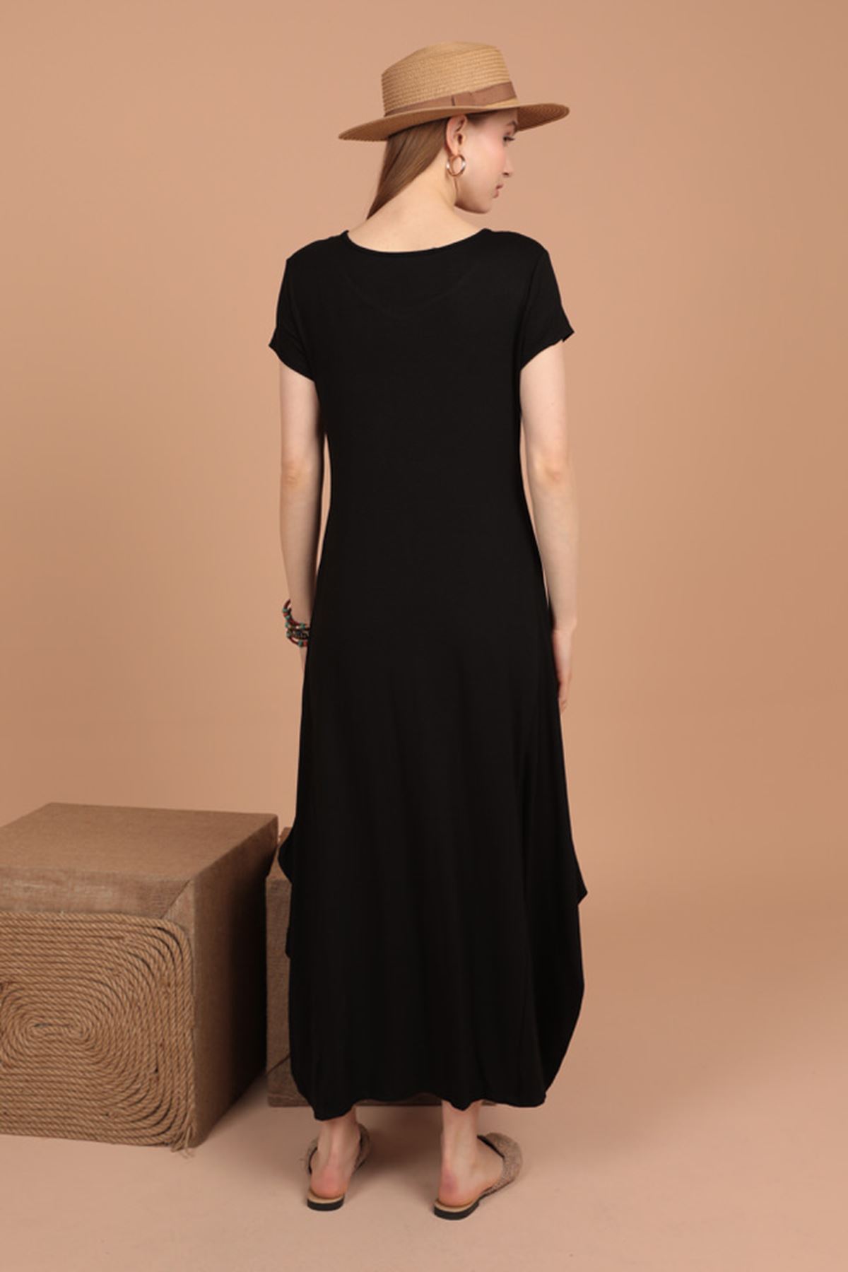 Toptan Viskon Örme Kumaş Baskılı Kadın Elbise-Siyah