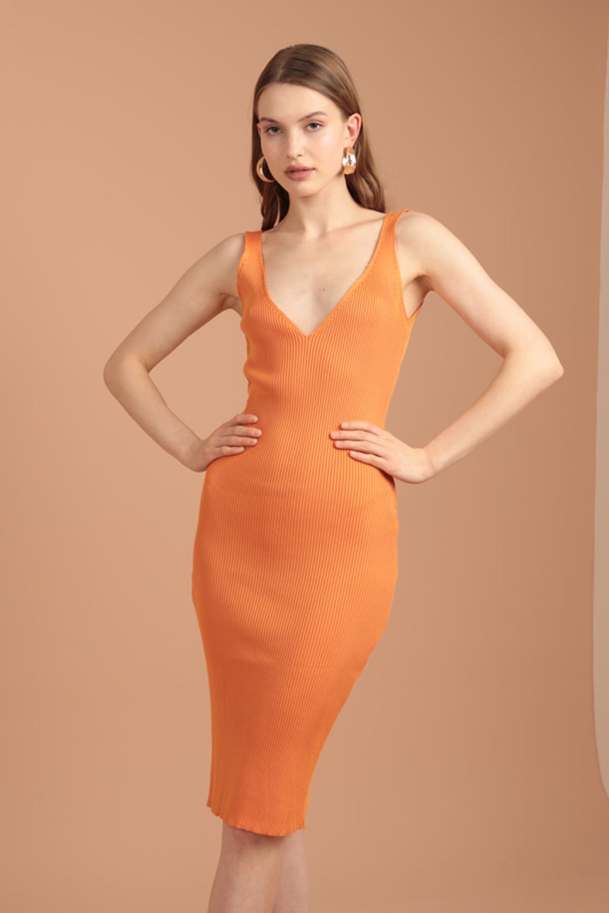 Toptan Triko V Yaka Kadın Midi Elbise-Oranj