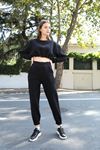Knit Fabric Long Sleeve Bicycle Collar Shirred Front Women Crop - Black
