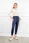 Suede Fabric Tight Fit Slited Women'S Trouser - Navy Blue 