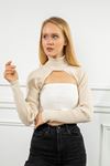 Knitwear Fabric Long Sleeve Surplice Neck Short Women Sweater - Ecru