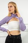 Knitwear Fabric Long Sleeve Surplice Neck Short Women Sweater - Lilac
