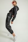 Leather Fabric Long Sleeve Hooded Crop Oversize женский кроп-топ - Black