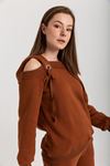 Third Knit With Wool İnside Fabric Hooded Hip Height Shoulder Detailed Women Sweatshirt - Brown