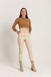 Leather Fabric Long Tigth Fit High Waist Belt Women'S Trouser - Beige 