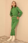 Quilted Fabric Long Sleeve Roll Neck Long Detailed Shoulder Women'S Set - Green