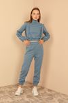 Quilted Fabric Long Sleeve Roll Neck Long Detailed Shoulder Women'S Set - Blue