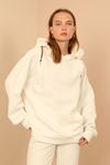 Jesica Fabric Long Sleeve Hooded Oversize Zip Women Sweatshirt - Ecru