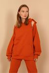 Jesica Fabric Long Sleeve Hooded Oversize Zip Women Sweatshirt - Cinnamon 