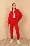 Kapitone Kumaş Gömlek Yaka Oversize/Salaş Çıtçıt Detaylı Kadın Ceket-Kırmızı