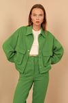 Quilted Fabric Long Sleeve Shirt Collar Hip Height Oversize Button Up Women Jacket - Green
