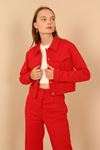 Quilted Fabric Long Sleeve Shirt Collar Short Full Fit Button Up Women Jacket - Red