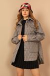 Quilted Fabric Double Stitch Pattern Women Coats-Grey