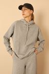 Honeycomb Fabric Long Sleeve Hooded Hip Height Oversize Women Sweatshirt - Grey