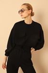Quilted Fabric Bicycle Collar Oversize Double Pocket Women Sweatshirt - Black