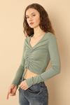 Knit Fabric Long Sleeve V Neck Shirred Front Blouse - Mint