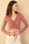 Knit Fabric Long Sleeve V Neck Shirred Front Blouse - Rose 