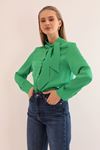 Kobe Satin Buttoned Foulard Collar Women's Shirt-Green
