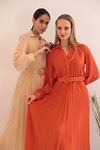 Aerobin Chiffon Pleated Belt Detail Women's Dress-Orange