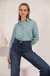 Soft Kumaş Crop Kadın İnci Düğme Detay Gömlek-Mint