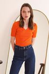 Knitwear Fabric Ribbed V-Neck Women's Blouse-Orange