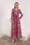 Chiffon Fabric Pach Pattern Wrapped Women's Dress-Fuchia