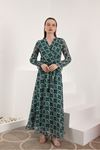 Şifon Kumaş Çiçekli Armür Desen Kadın Elbise-Yeşil