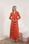 Şifon Kumaş Çiçekli Armür Desen Kadın Elbise-Oranj