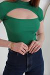 Camisole Fabric Front Window Short Sleeve Women's Blouse-Green