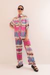 Satin Fabric Tie Dye Pattern Elastic Waist Women's Trousers-Fuchia