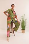 Satin Fabric Flower Pattern Elastic Detail Women's Trousers-Oil Green